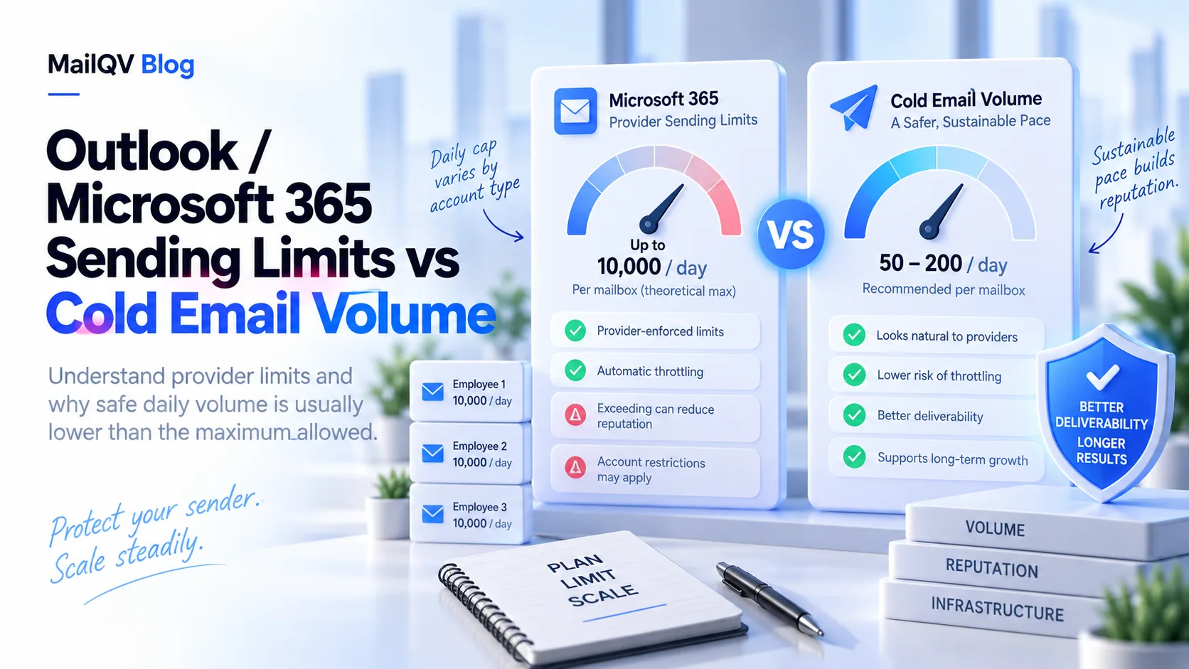 Outlook / Microsoft 365 Sending Limits vs Cold Email Volume illustrated guide